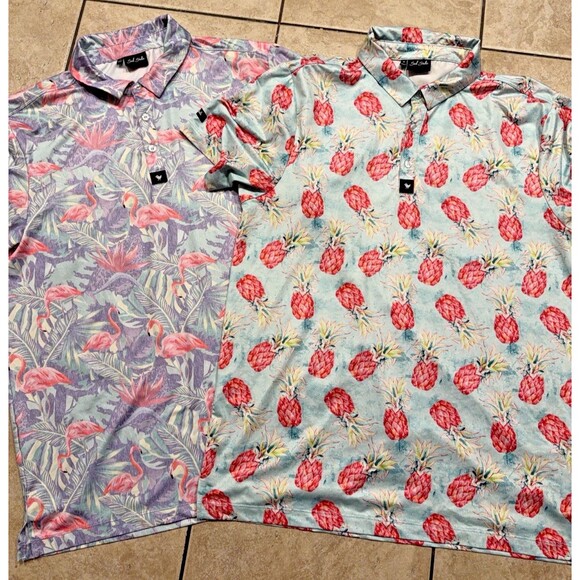 Bad Birdie Other - Lot of 2 Bad Birdie Polo Shirts Mens Medium Golf Performance Pineapple Flamingo